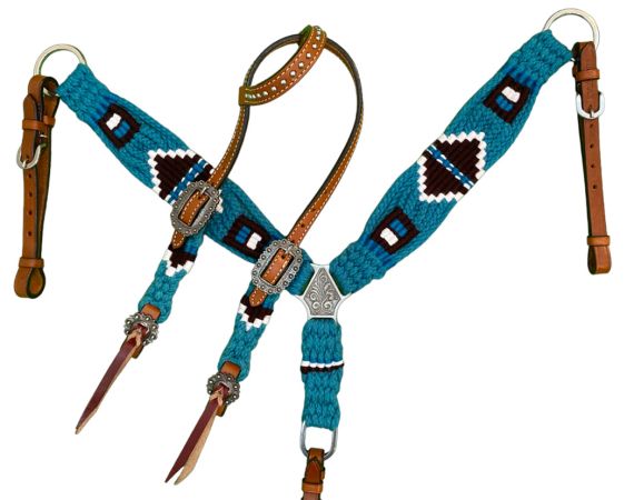 Showman Pony Size Corded One Ear Headstall &amp; Breast collar set - turquoise, black, and white #3